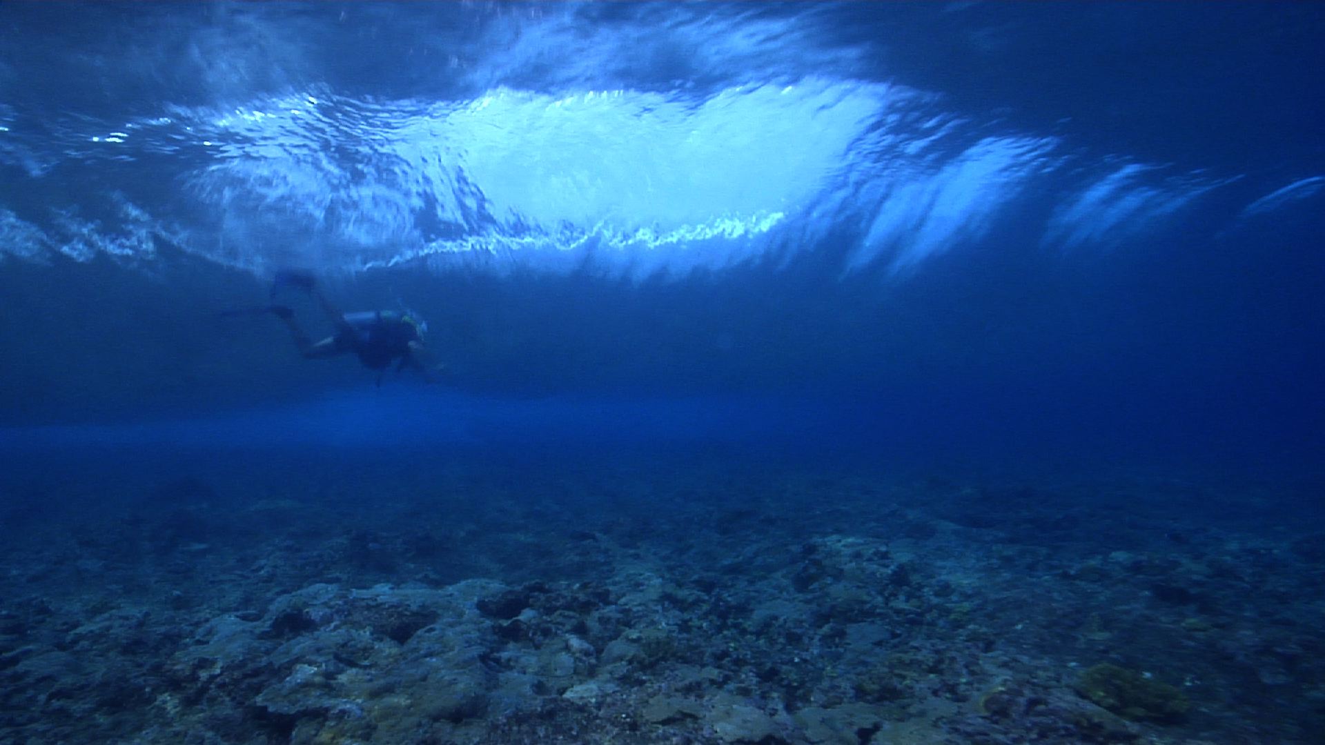 Male model scuba diver swimming on shallow coral reef in Solomon Islands, HD, UP27664